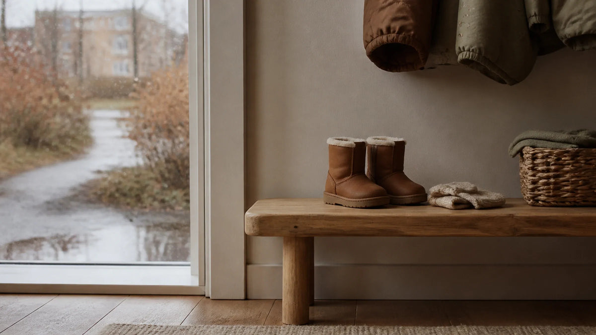 Små brune vinterstøvler på en træbænk ved et regnvådt vindue