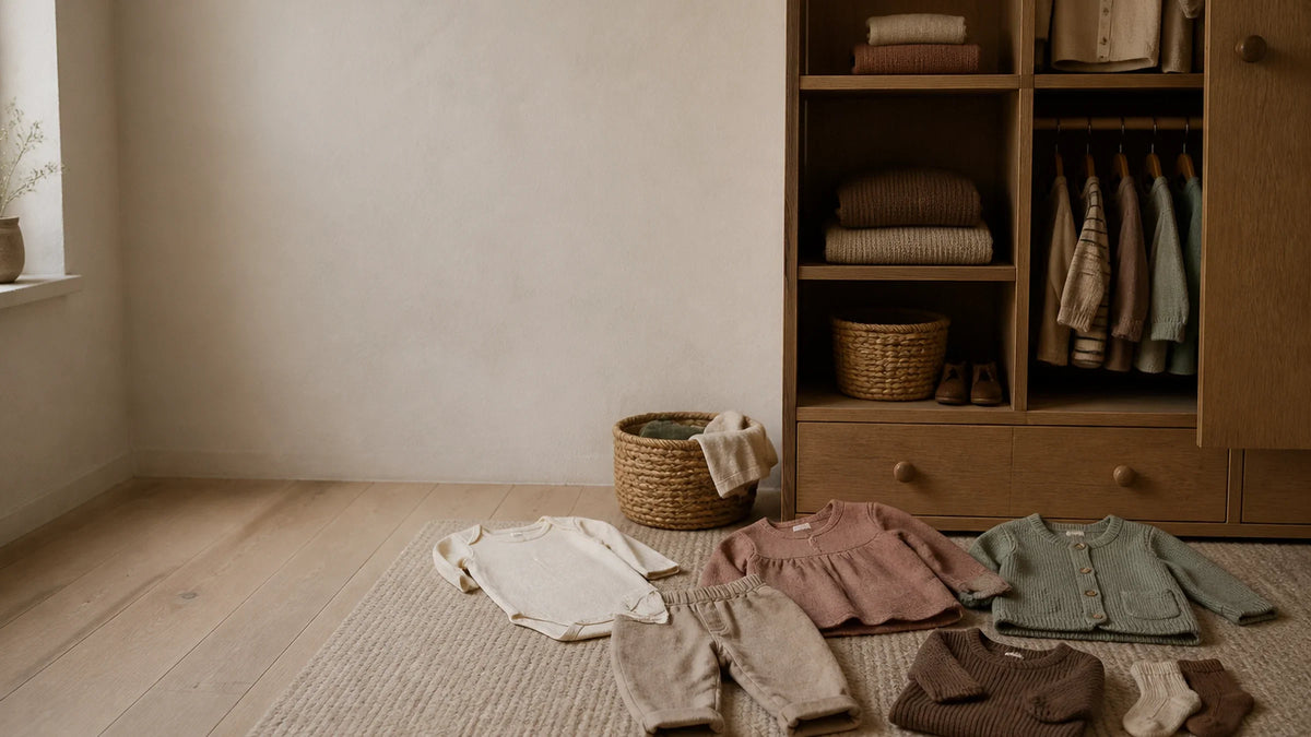 En lille basisgarderobe i creme, rosa, brun og grøn ved et træskab